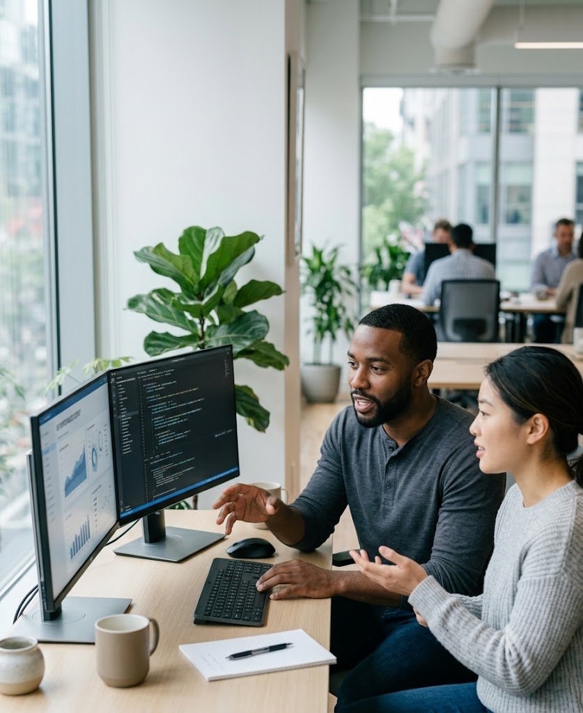 Blue Median developers reviewing code